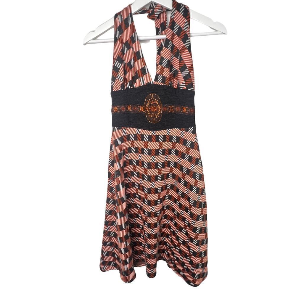 Eva Franco Plaid Embroidered Beads Halter Knee Length A-Line Dress Womens Size 4